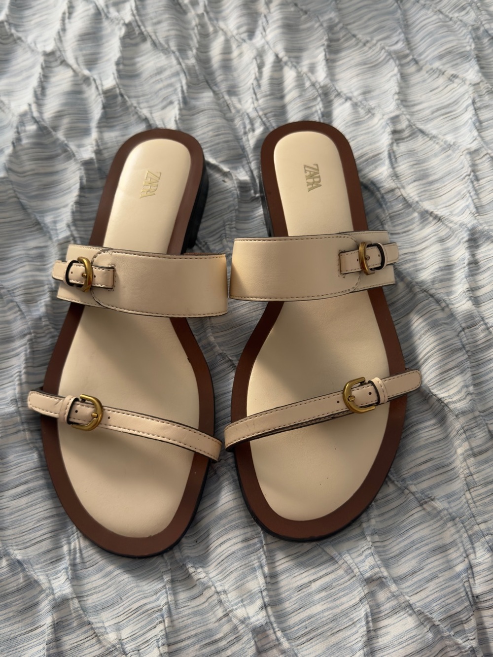 Zara Beige Double-Strap Slide Sandals with Gold Buckles